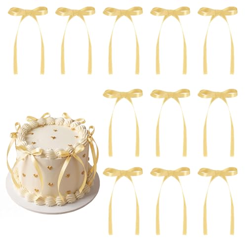 30 Pack Bow Cake Toppers Champagne Gold Ribbon Bows for Cake (30 Count)