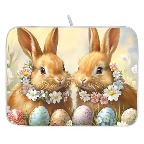 Cute Rabbit Bunny Easter Eggs Dish Drying Mat for Kitchen Counter Absorbent Microfiber Large Drying Pad Dish Mats for Kitchen Countertops 18 x 24 Inch