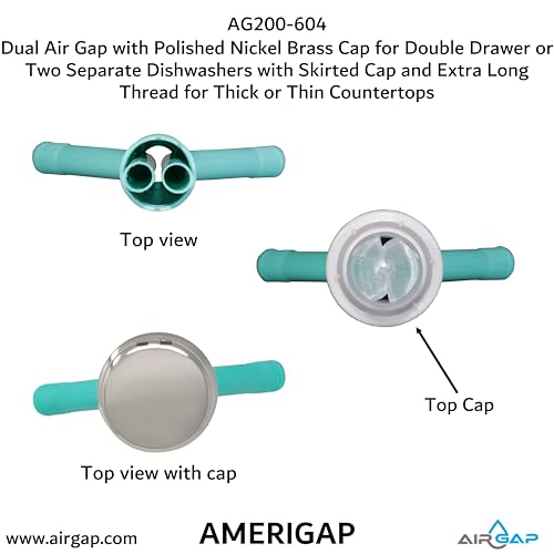 Dual Air Gap with Polished Nickel Brass Cap for Double Drawer or Two Separate Dishwashers with Skirted Cap and Extra Long Thread for Thick or Thin Countertops