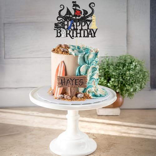 1Pcs Pirates Happy Birthday Cake Topper Pirate Ship Nautical Cake Pick for Pirates Theme Baby Shower Birthday Party Cake Decorations Supplies Gold