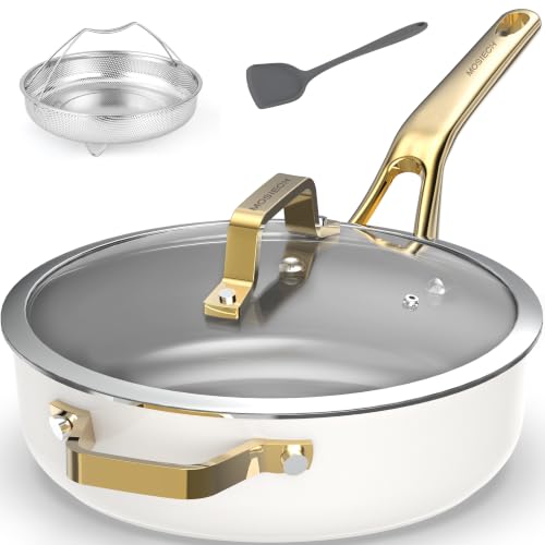 10-in-1 White Ceramic Nonstick Deep Saute Pan Set With Steamer & Lid, 4QT