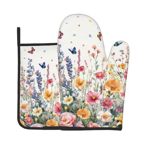 Spring Flower Oven Mitts and Pot Holder Kitchen Accessories Sets Botanical Floral Heat Resistant BBQ Cooking Oven Gloves Washable Hot Pads