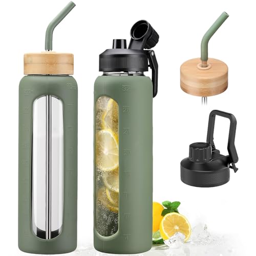32oz Glass Water Bottle with Straw and 2 Lids