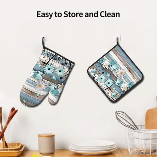 Daisy Floral Oven Mitts and Pot Holder Sets Rustic Wood Potholders Non
