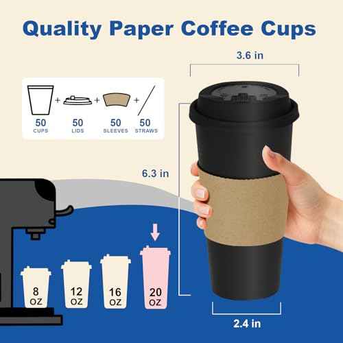 20 oz 50 Pack Coffee Cups with Lids and Sleeves (50 Count)