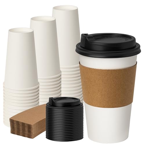 50 Pack 16 oz Disposable Coffee Cups with Lids and Sleeves (50 Count)