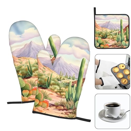 Desert Cactus Oven Mitts and Pot Holders Sets of 3 Heat Resistant Oven Gloves Hot Pads Non (4.33 Count)