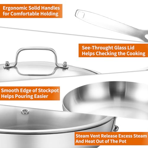 Tri Ply Stainless Steel Frying Pan Set 8" 10" 12" With Lid skillets (3 Count)