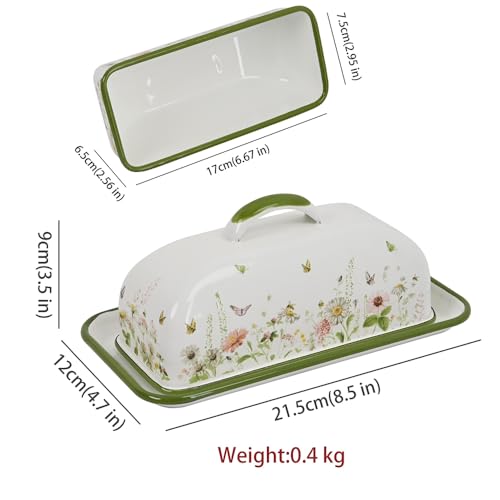 Enamel Butter Dish with Lid Vintage Enamelware Butter Keeper with Flower and Bee Patterns Farmhouse Butter holder Butter container for Kitchen Decor