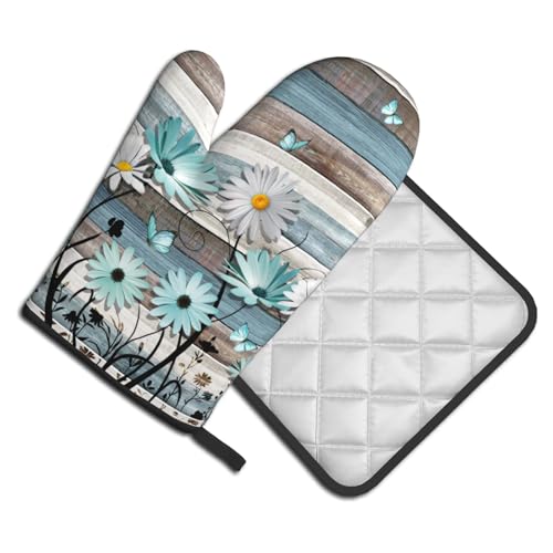 Daisy Floral Oven Mitts and Pot Holder Sets Rustic Wood Potholders Non