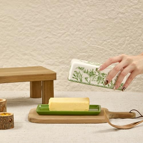 Green Garden Toile De Jouy Ceramic Butter Dish with Lid