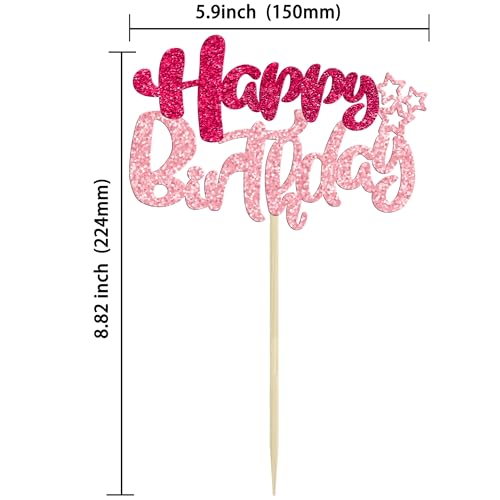24Pcs Happy Birthday Cupcake Toppers Double Layer Glitter Happy Birthday Cake Decorations for Celebrating Baby Shower Theme Kids Boys Girls Birthday Anniversary Party Supplies Rose Red Pink (24 Count)