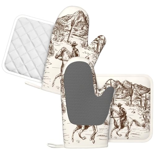 Western Cowboy Oven Mitts and Pot Holders 4 pcs Set Silicone West Cowboy Riding Horse in Desert Kitchen Oven Mitt Gloves Cowboy Pot Holders Non