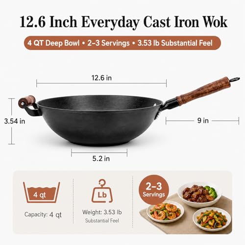 12.6 Inch Cast Iron Wok with Wooden Lid