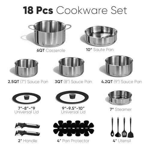 18pcs Tri Ply Stainless Steel Cookware Set with Detachable Handle