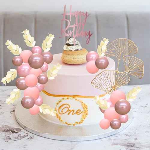 57Pcs Balls Cake Topper Boho Grass Cake topper Pearl Balls Acrylic Happy Birthday Cake Decorations for Wedding Baby Shower Birthday Boho Themed Party Supplies Rose Gold Pink (57 Count)