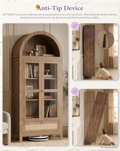 71'' Arched Pantry Cabinet with Glass Door for Kitchen Dining Room
