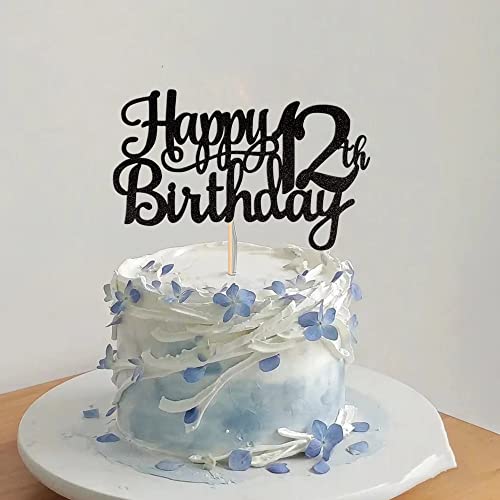 1 PCS Happy 12th Birthday Cake Topper Glitter Cheers to 12 Years Birthday Cake Pick 12 Fabulous Cake Decoration for Happy 13th Birthday Theme Party Decorations Supplies Black