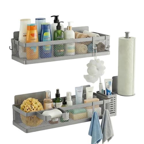 5-in-1 16.5" Extra Long Slim Wall Mount Wrapped Mesh Kitchen Organizer & Shower Caddy Kit, with Paper Towel Holder, Utensil Holder, Soap Dish, Holds 50LBS - Silver Gray, Netting