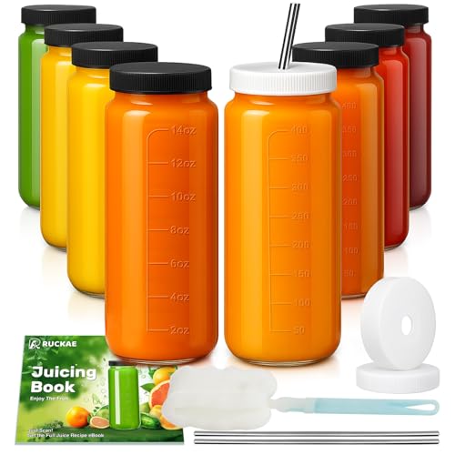 8pack 16oz Glass Juice Bottles with Lids & Straws & Juicing Recipe (8 Count)