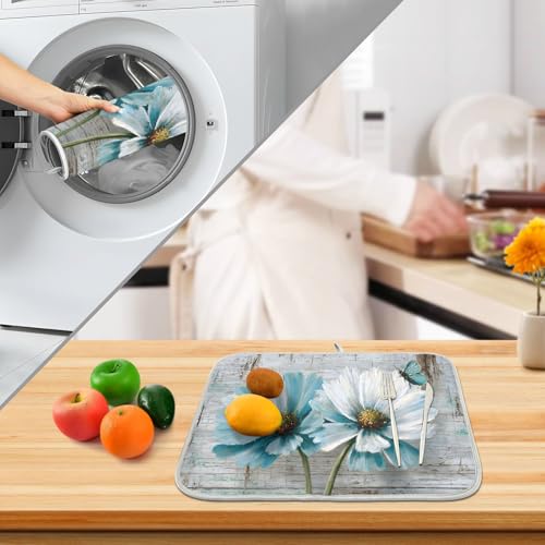 Rustic Teal White Daisy on Vintage Wooden Dish Drying Mat for Kitchen Counter Absorbent Microfiber Small Drying Pad Dish Mats for Kitchen Countertops 16 x 18 Inch