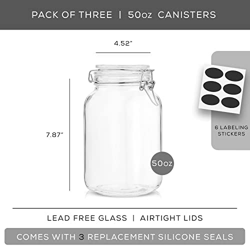 Airtight Glass Jars with Lids Set of 3. 50oz Glass Jar with Lid and 6 Silicone Seals! Med Glass Food Storage Containers. Square Mason Jar (3 Count)