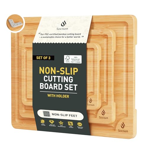 Bamboo Cutting Board Set Non Slip Feet with Holder Over Sink Kitchen Gadgets Charcuterie & Chopping Board Apartment Essentials New Home Must Haves Things Stuff Accessories House Housewarming Gifts (3 Count)