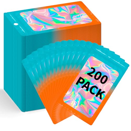 200 Pack Resealable Mylar Holographic Bags Food Storage Smell Proof Bags with Front Window Foil Packaging Pouch for Candy Sample Jewelry Small Business 3.54×6.29 Inch (200 Count)