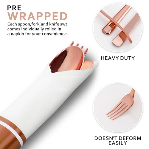 400PCS Pre Rolled Rose Gold Plastic Silverware Heavy Duty for Party (400 Count)
