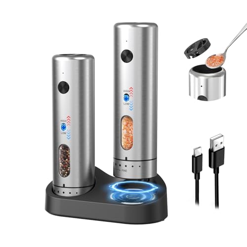 Electric Salt and Pepper Grinder Set with Rechargeable Base Upgraded Stainless Steel Automatic Salt and Pepper Shakers with 2 Grinding Speeds (2 Count)
