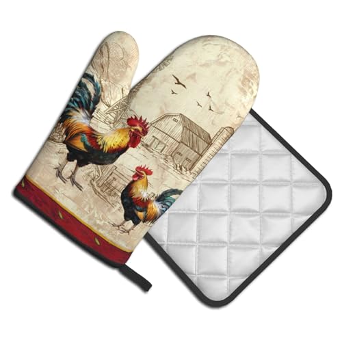Farm Rooster Oven Mitts and Pot Holder Set of 2 Rustic Chicken Kitchen Potholders Heat Resistant Oven Glove for Baking Cooking Grilling BBQ