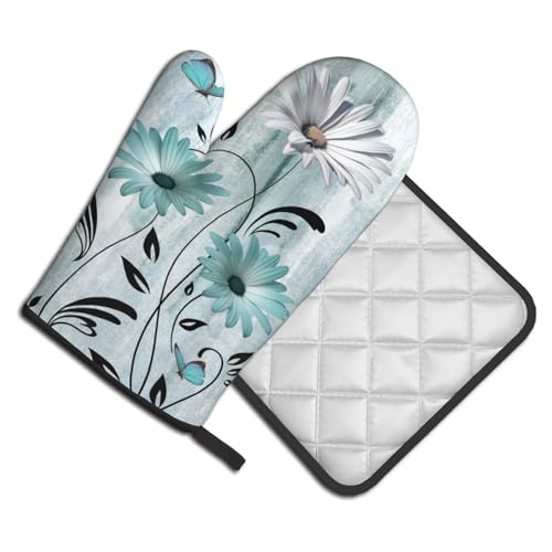 Daisy Floral Oven Mitts and Pot Holder Set of 2 Teal White Flower Heat Resistant Kitchen Mitts Potholders Washable for Cooking Grilling BBQ