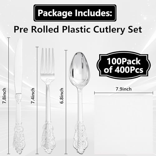 400PCS Pre Rolled Silver Plastic Silverware Sets Fancy for Wedding (400 Count)