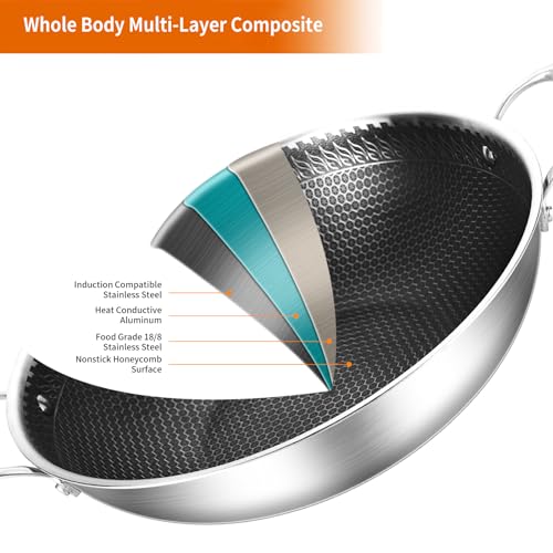 13 Inch Stainless Steel Nonstick Wok Pan with Lid 5.5Qt Pot