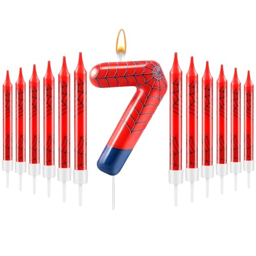 13 Pcs Spider Themed Birthday Candle Set Red Spider Theme Number 7 Candle Cake Topper for Boys Girls Birthday Decoration Spider Party Decoration Supplies (13 Count)