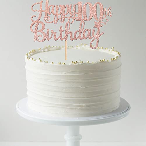 1 PCS Happy 100th Birthday Cake Topper Glitter Cheers to 100 Years Cake Pick Number 100 Fabulous Cake Decoration for 100th Birthday Theme Party Decorations Supplies Rose Gold