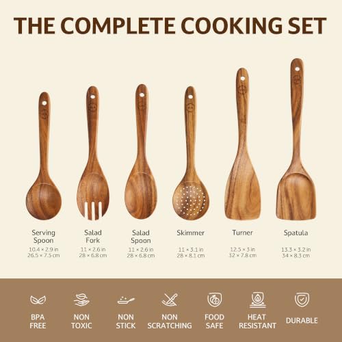6 Piece Teak Wood Cooking Utensil Set (6 Count)