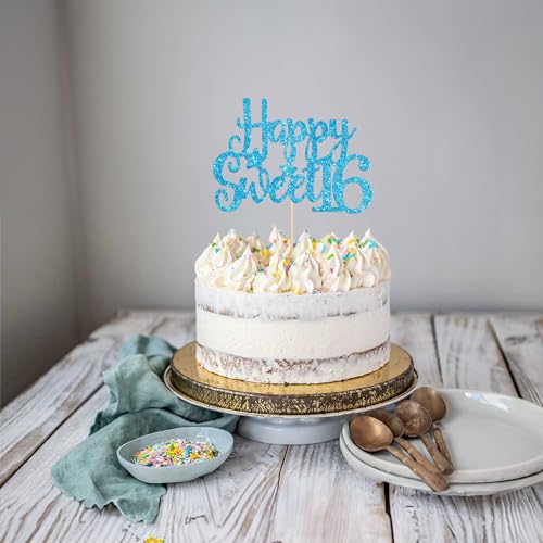 1Pc Happy Sweet 16 Cake Topper Glitter 16th Birthday Cake Pick for Cheers to 16 Years Old 16th Birthday Party Cake Decorations Supplies Light Blue