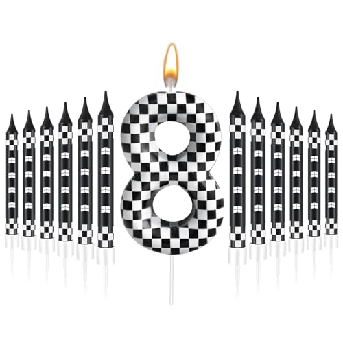 13 Pcs Racing Cars Themed Birthday Candles Black and White Race Number 8 Checkered Candle Cake Topper for Racing Car Party Decoration Supplies (13 Count)