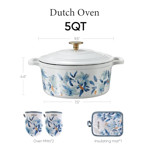 5QT Enameled Floral Cast Iron Dutch Oven Pot with Lid