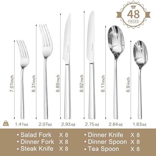 48 Piece Silverware Set with Steak Knives (48 Count)