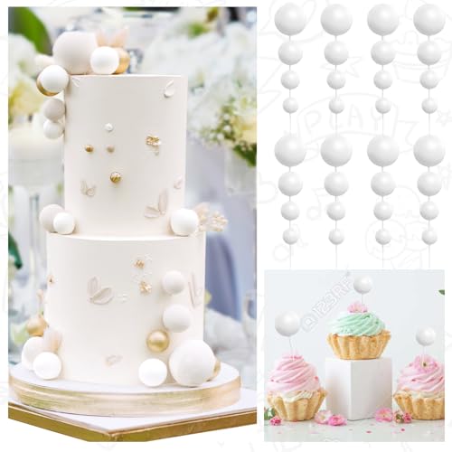 48 Pcs White Balls Cake Topper Decorations Balloon Cupcake Toppers Foam Cake Topper Balls Cake Balls Decorations for Birthday Party Wedding Anniversary Cake Decorating (48 Count)
