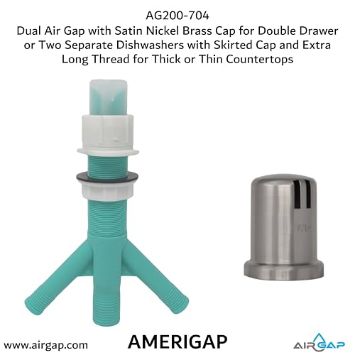 Dual Air Gap with Satin Nickel Brass Cap for Double Drawer or Two Separate Dishwashers with Skirted Cap and Extra Long Thread for Thick or Thin Countertops