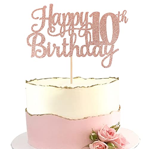1 PCS Happy 10th Birthday Cake Topper Glitter Cheers to 10 Years Birthday Cake Pick 10 Fabulous Double Digits Cake Decoration for Happy 10th Birthday Theme Party Decorations Supplies Rose Gold