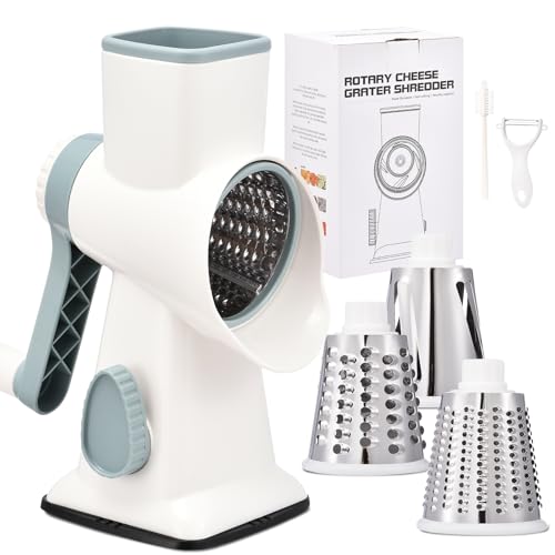 Rotary Cheese Grater with Handle Kitchen Shredder Slicer Grater Slicer Ice Shaver Cheese Vegetable Nuts Potato Zucchini Chocolate 3 Interchangeable Blades