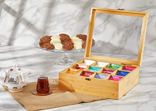 Natural Bamboo Tea Storage Organizer with Clear Acrylic Top Window