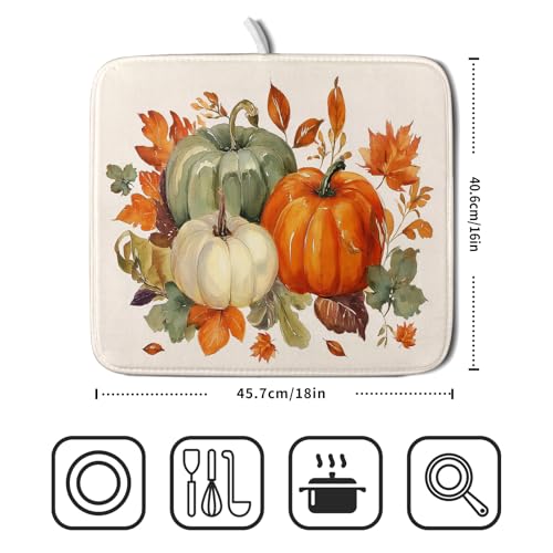 Fall Pumpkin Dish Drying Mat Autumn Leaves Absorbent Dishes Pad 16x18 Inch Seasonal Microfiber Dish Drainer Rack Mat for Kitchen Countertop