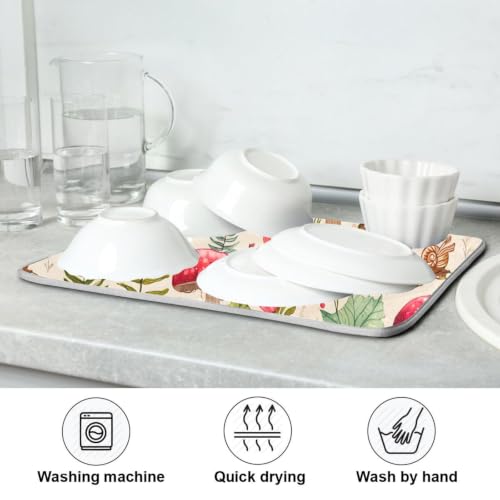 Mushroom Forest Fern Leaves Dish Drying Mat for Kitchen Counter Absorbent Microfiber Drying Pad