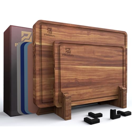 Large Acacia Wood Cutting Board Set for Kitchen with Storage Stand (7 Count)