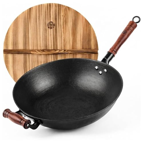 Cast Iron Wok Pan with Wooden Lid